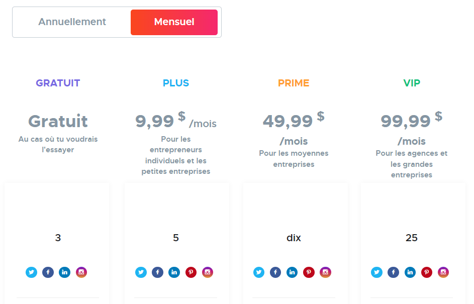 Les 15 outils gratuits de planification des réseaux sociaux en 2024, Tarifs Crowdfire