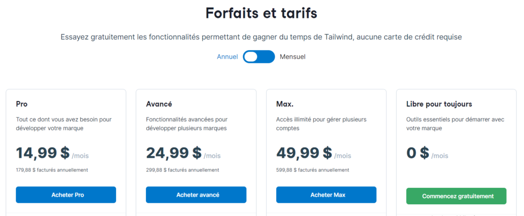 Les 15 outils gratuits de planification des réseaux sociaux en 2024, Tarifs Tailwind